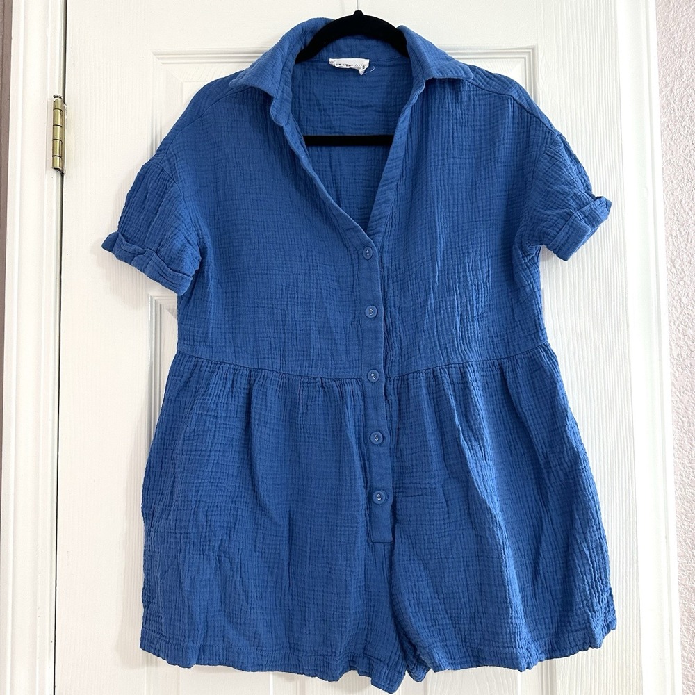 First Love Blue Short Sleeve Button Up Romper 100% Cotton Gauze Oversized Wms Sm